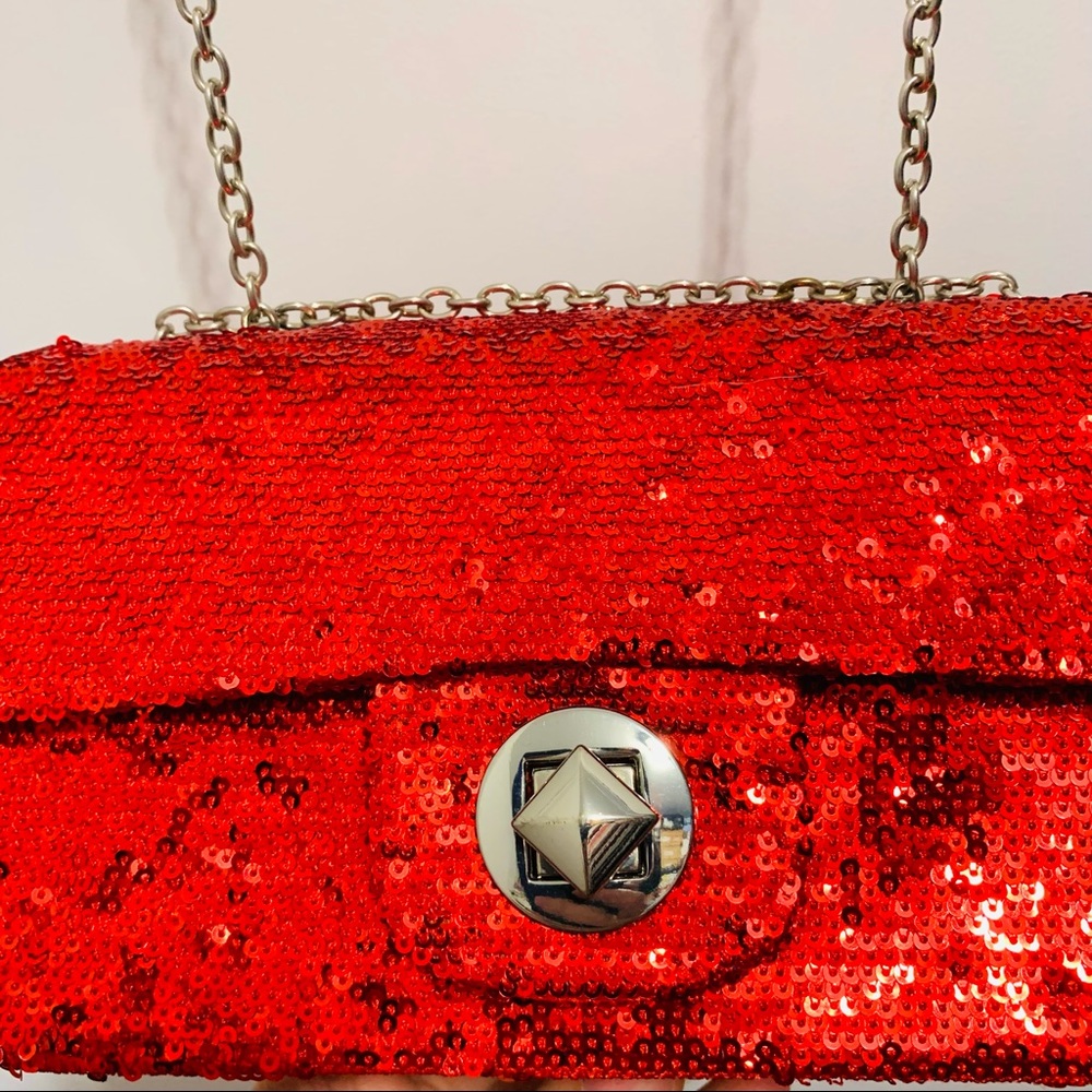 Vintage Red Sequin Mini Bag Silver Chain Purse - Picture 4 of 13